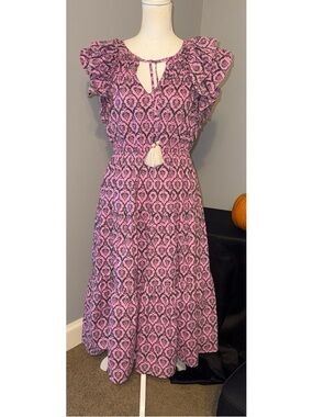 THML Pink Black Cotton Boho Midi Dress Ruffle Sleeve Lined Tassel Tie M